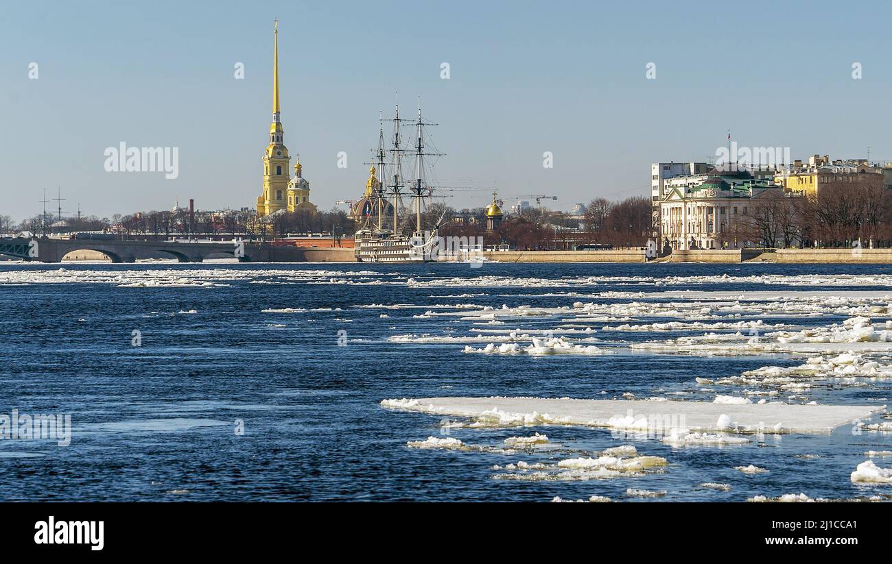 Spring ice drift on the Neva River in St. Petersburg. Stock Photo