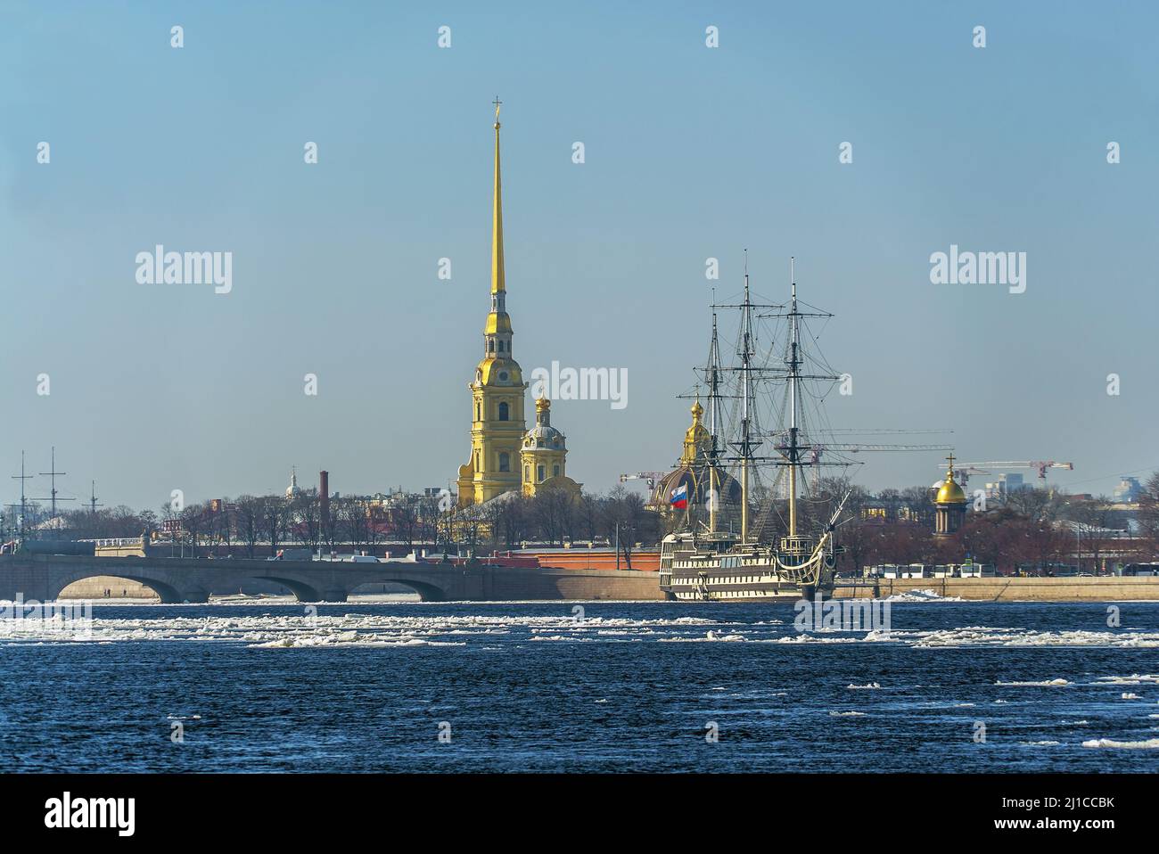 Spring ice drift on the Neva River in St. Petersburg. Stock Photo