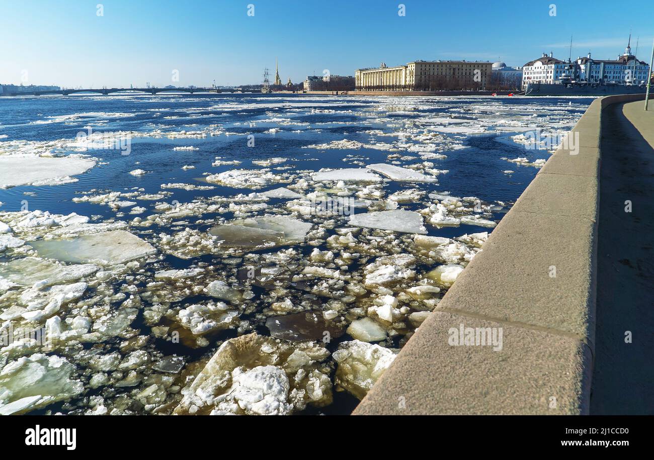 Spring ice drift on the Neva River in St. Petersburg. Stock Photo