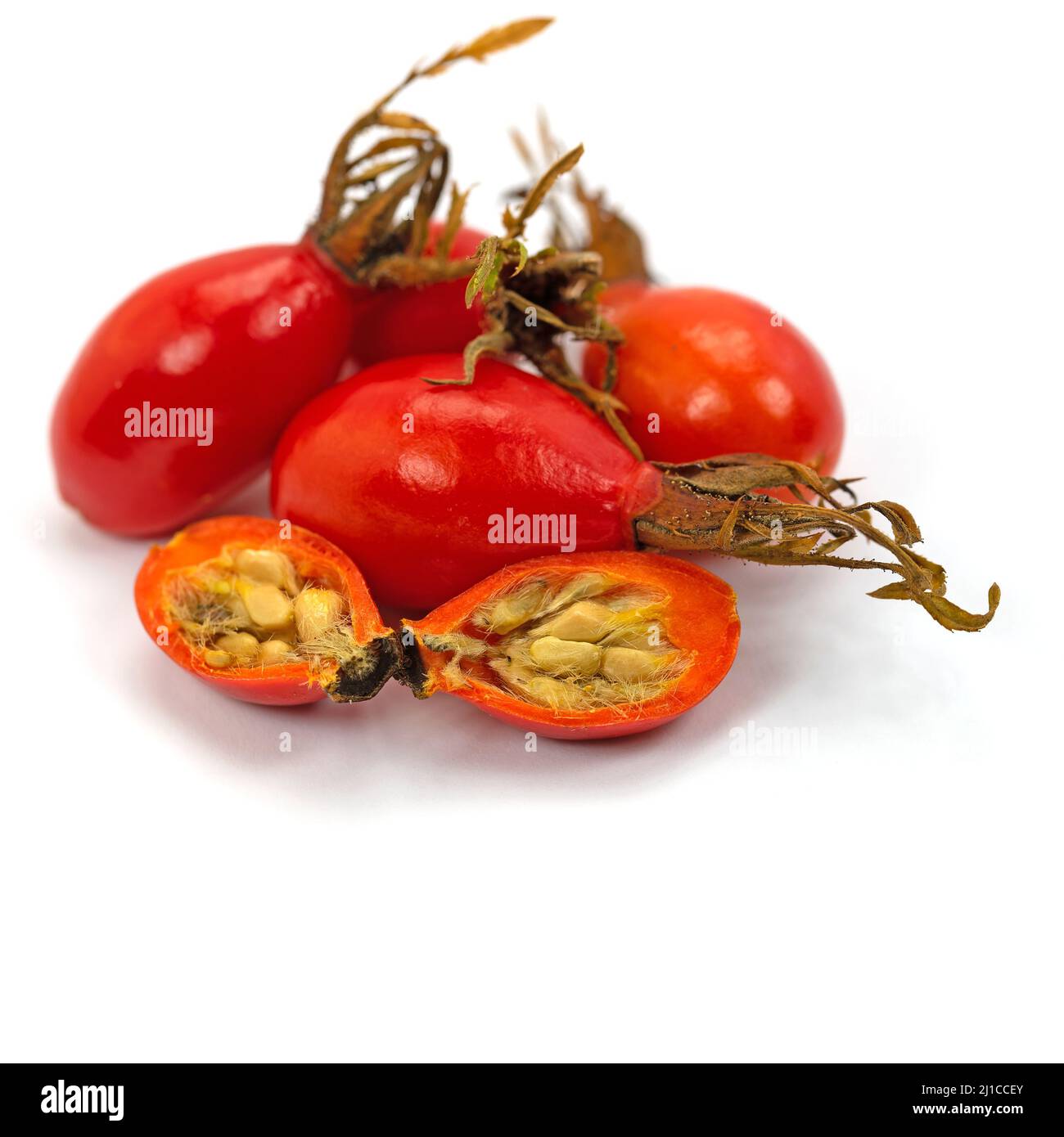 Ripe rose hips isolated against white background Stock Photo - Alamy