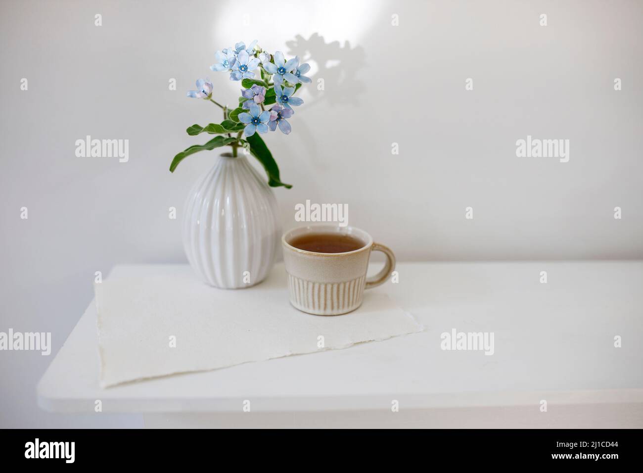 Flower hackelia velutina in a white fluted vase in the style of the seventies and a cup of coffee on the dresser. Scandinavian style Stock Photo
