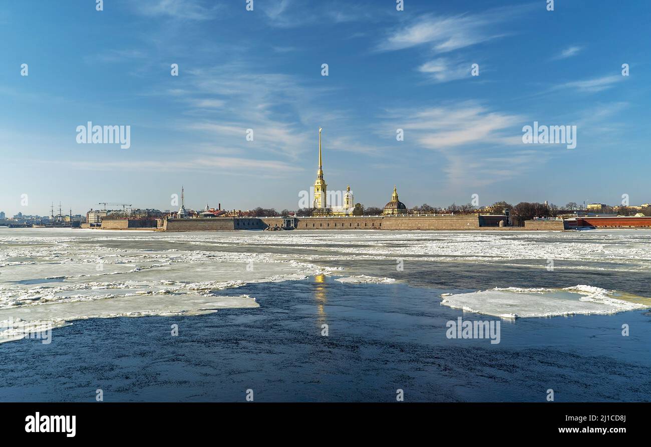Spring ice drift on the Neva River in St. Petersburg. Stock Photo