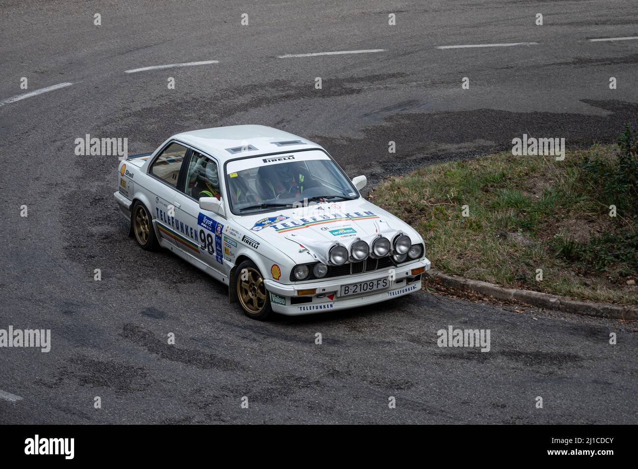 A closeup of a BMW E30 325i in 9 Lloret de Mar asphalt rally Stock Photo