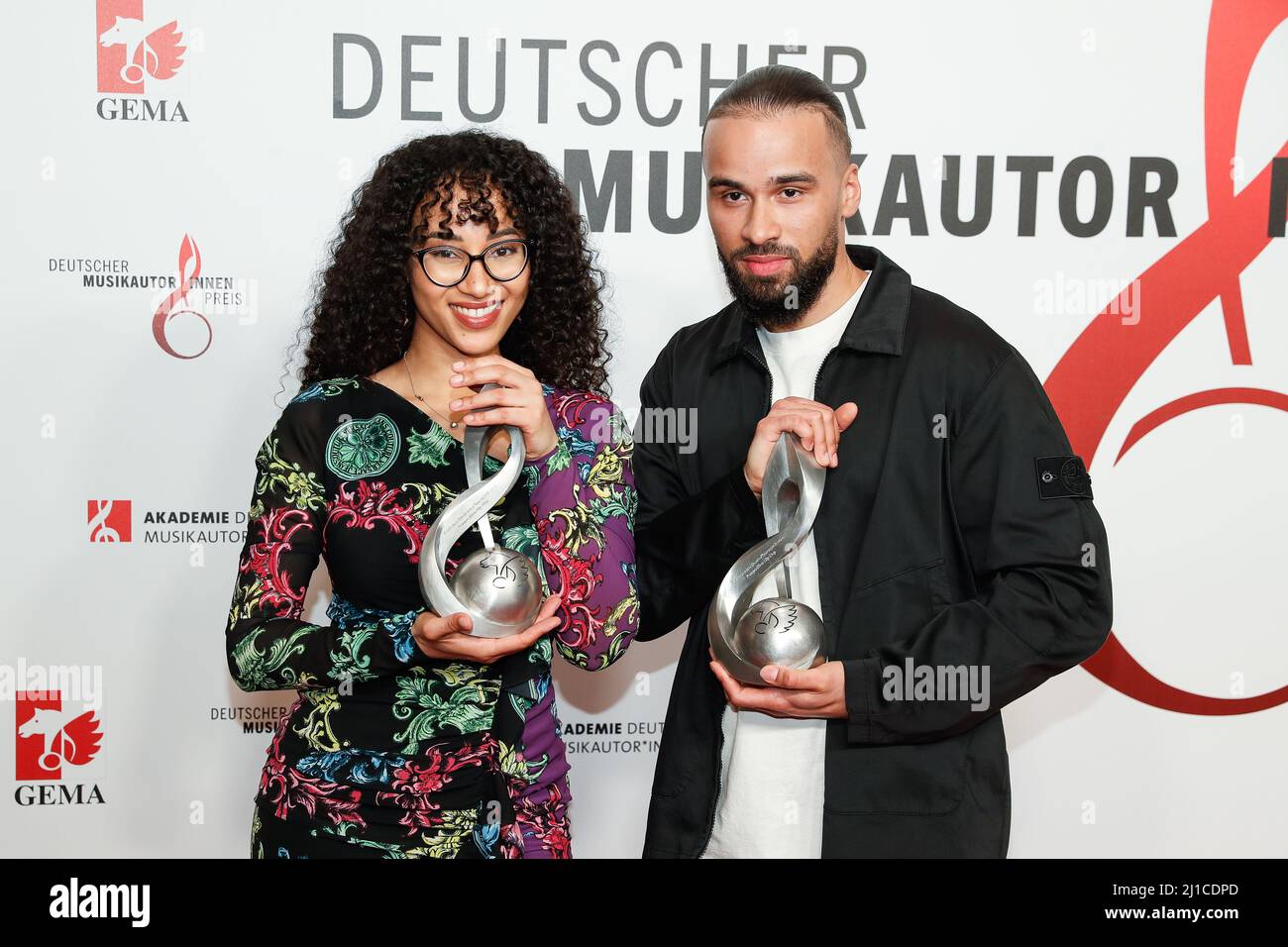 Berlin, Germany. 24th Mar, 2022. The producer team Suena and Lucry wins the prize in the category "Hip-Hop" at the 13th German Music Authors Award ceremony at the Ritz-Carlton Hotel. Credit: Gerald Matzka/dpa/Alamy Live News Stock Photo