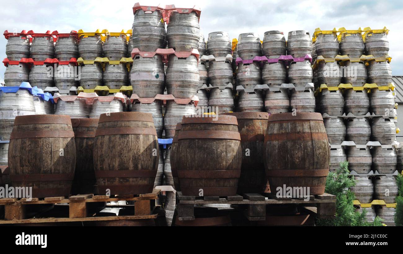Beer kegs and barrels Stock Photo