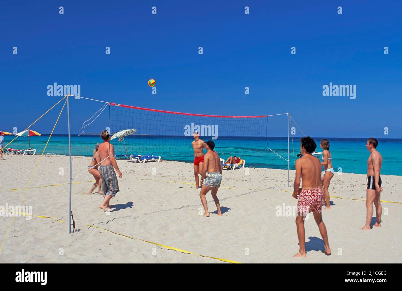 Volleyball  at  Platja de Levant beach,  Formentera,  Balearic islands, Spain, Europe Stock Photo