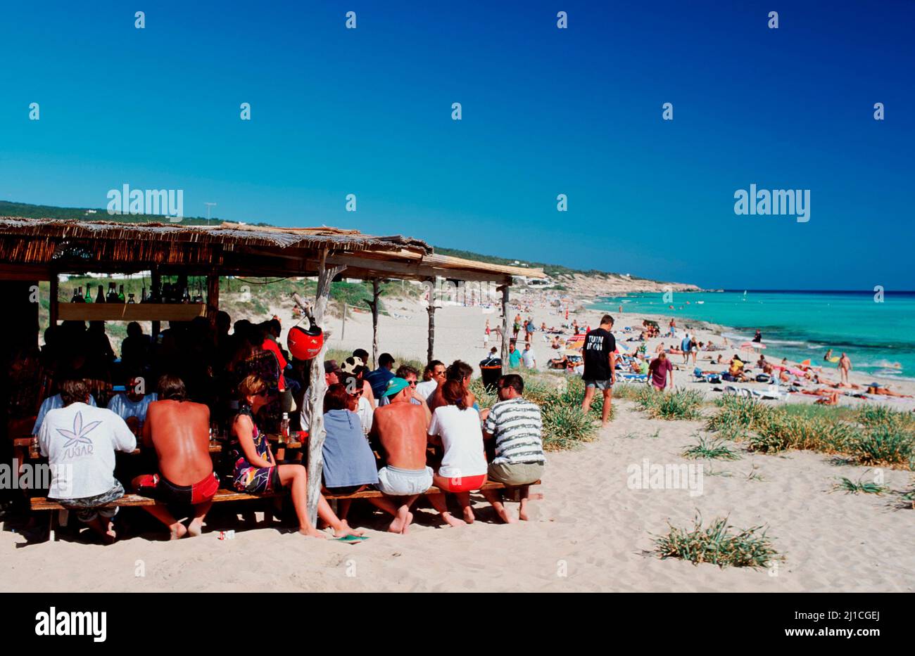 Playa Migjorn and beach club Piratenbus,  Formentera,  Balearic islands, Spain, Europe Stock Photo