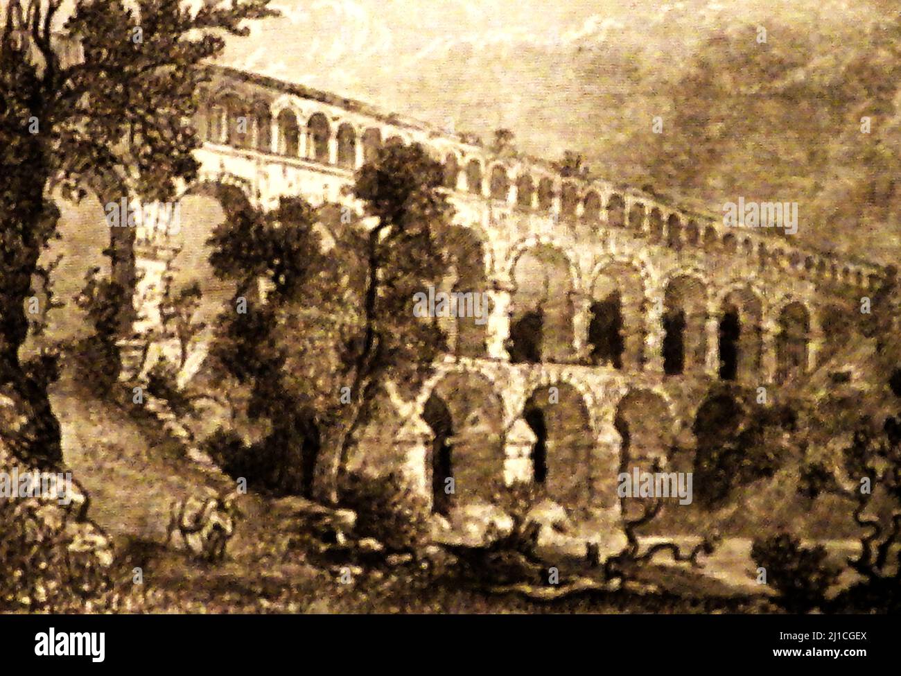 A 19th century artist's impression of the Pont du Gard Aqueduct as it was at that time. This ancient Roman 48.8 m (160 ft) aqueduct was built in the first century AD to carry water over the 50 km (31 mi) countryside to the Roman colony of Nemausus (Nimes). The bridge  spans the river Gardon Stock Photo