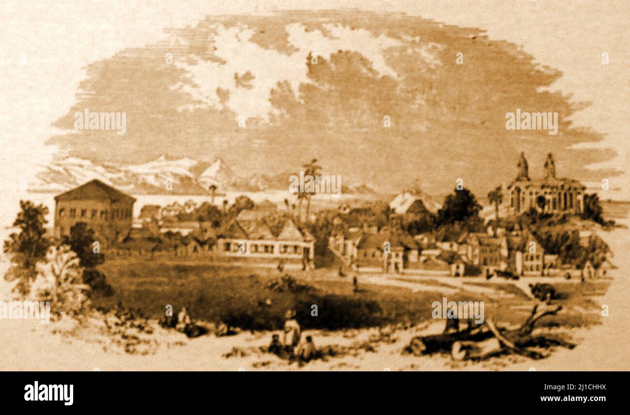 A 19th century image of St John / St John's, capital of  Antigua & Barbuda as seen from the Scotch Church.   St. John's has been the administrative centre of Antigua and Barbuda since  1632, and became the seat of government at independence in 1981. Stock Photo