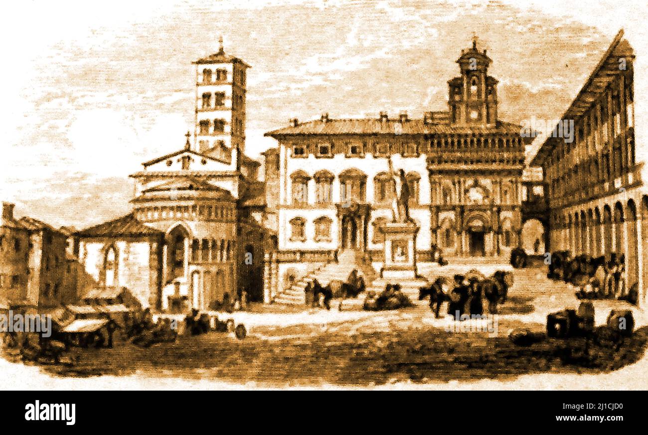 Arezzo, Tuscany, Italy in the 1800s-Palazzo della Fraternita dei Laici  (in English, Palace of the Fraternity of the Laity) in the Piazza Grande with the Santa Maria church &  the former central statue of Ferdinando III of Habsburg-Lorraine  placed there 13 April 1822 and removed to Piaggia di Murello, at its intersection with Via Saracino in 1932. The  loggia in the upper part of the square bears the name of its designer, Giorgio Vasari  who completed it in the 1500's (building had commenced in 1375). The Fraternity of the Laity is still an important and meritorious lay institution in Arezzo. Stock Photo