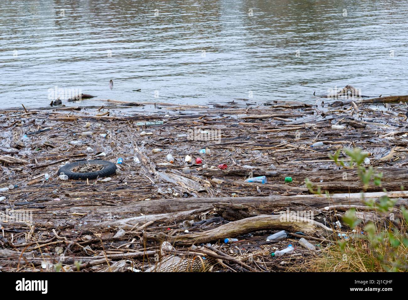 Polluted River and Trash Potomac River, Alexandria, VA, US Stock Photo