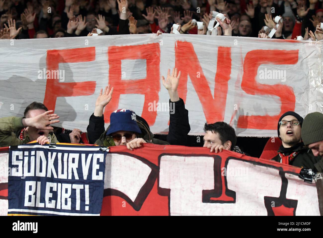 LONDON, ENGLAND - MARCH 7, 2017: Bayern ultras display a banner during the second leg of the UEFA Champions League Round of 16 game between Arsenal FC and Bayern Munchen at Emirates Stadium. Copyright: Cosmin Iftode/Picstaff Stock Photo