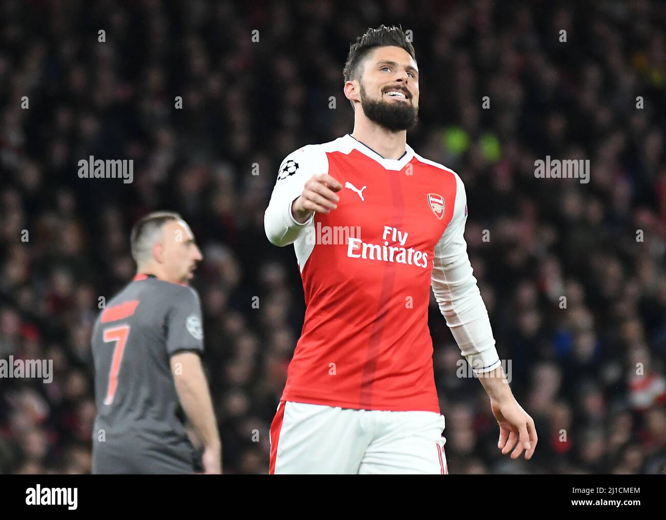 LONDON, ENGLAND - MARCH 7, 2017: Olivier Giroud of Arsenal pictured during the second leg of the UEFA Champions League Round of 16 game between Arsenal FC and Bayern Munchen at Emirates Stadium. Copyright: Cosmin Iftode/Picstaff Stock Photo