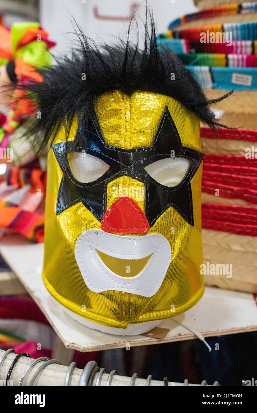 A Super Muneco or Super Doll lucha libre wrestling mask for sale in a market in Brownsville, Texas. Stock Photo