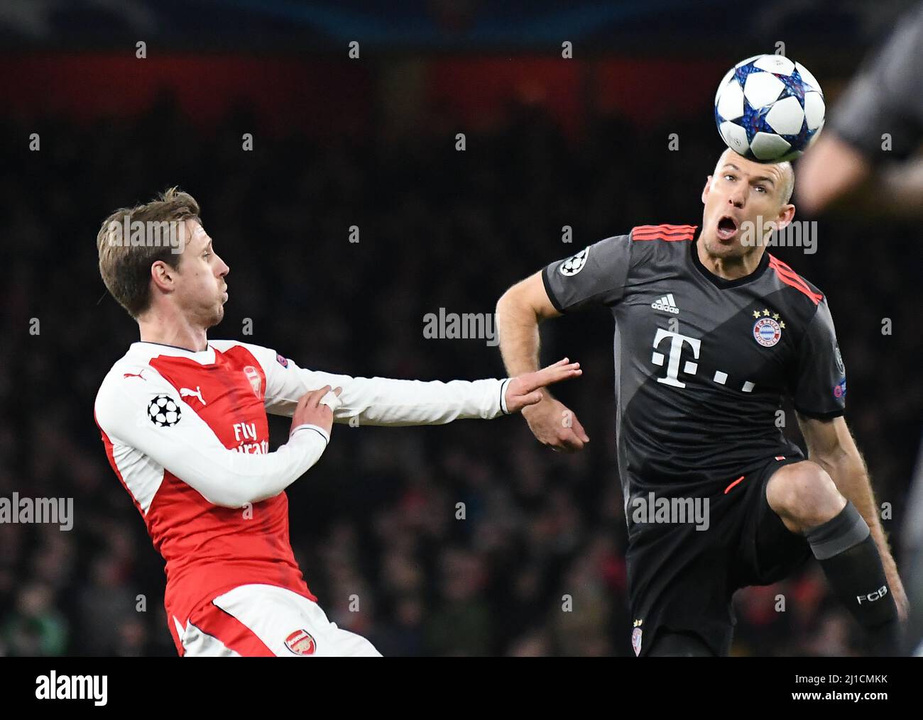 LONDON, ENGLAND - MARCH 7, 2017: Nacho Monreal (L) of Arsenal and Arjen Robben (R) of Bayern pictured in action during the second leg of the UEFA Champions League Round of 16 game between Arsenal FC and Bayern Munchen at Emirates Stadium. Copyright: Cosmin Iftode/Picstaff Stock Photo