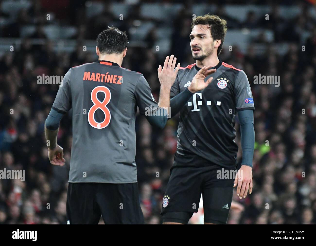 LONDON, ENGLAND - MARCH 7, 2017: Javi Martinez (L) and Mats Hummels (R) of Bayern pictured during the second leg of the UEFA Champions League Round of 16 game between Arsenal FC and Bayern Munchen at Emirates Stadium. Copyright: Cosmin Iftode/Picstaff Stock Photo