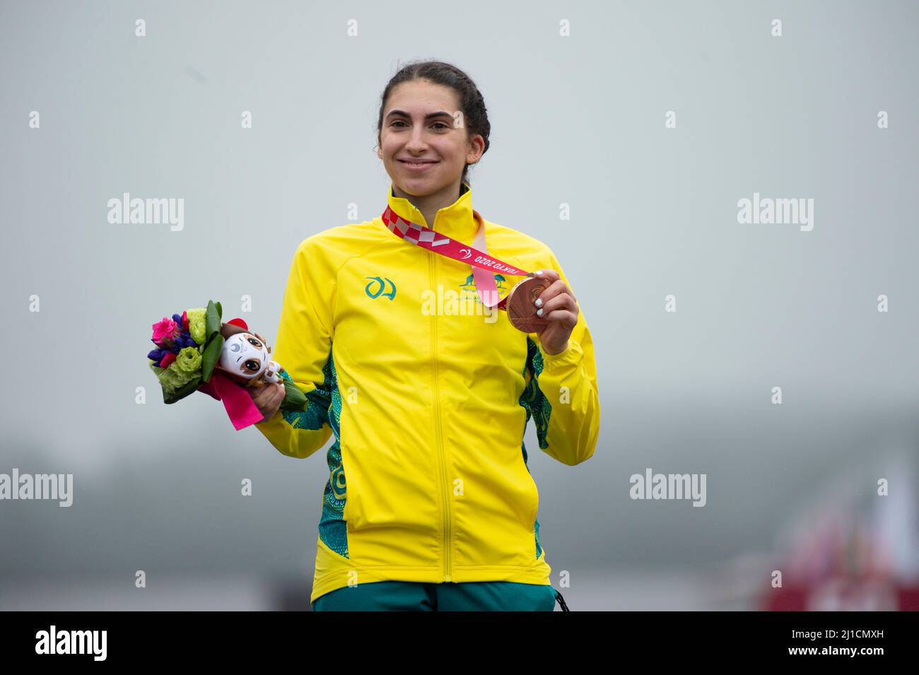 Paige Greco of Australia on the podium after winning the bronze medal