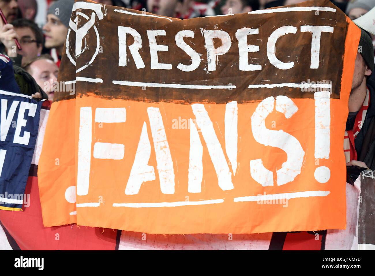 LONDON, ENGLAND - MARCH 7, 2017: A German fan shows a banner during the second leg of the UEFA Champions League Round of 16 game between Arsenal FC and Bayern Munchen at Emirates Stadium. Copyright: Cosmin Iftode/Picstaff Stock Photo