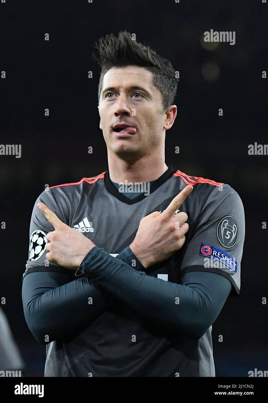 LONDON, ENGLAND - MARCH 7, 2017: Robert Lewandowski of Bayern celebrates after he scored a goal during the second leg of the UEFA Champions League Round of 16 game between Arsenal FC and Bayern Munchen at Emirates Stadium. Copyright: Cosmin Iftode/Picstaff Stock Photo