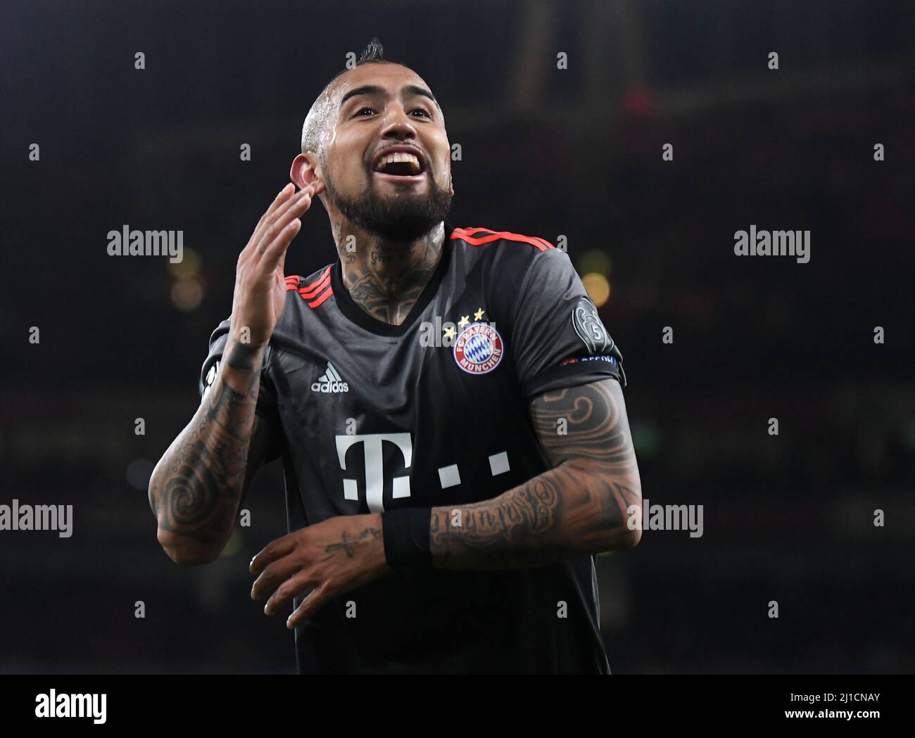 LONDON, ENGLAND - MARCH 7, 2017: Arturo Vidal of Bayern celebrates after he scored a goal during the second leg of the UEFA Champions League Round of 16 game between Arsenal FC and Bayern Munchen at Emirates Stadium. Copyright: Cosmin Iftode/Picstaff Stock Photo