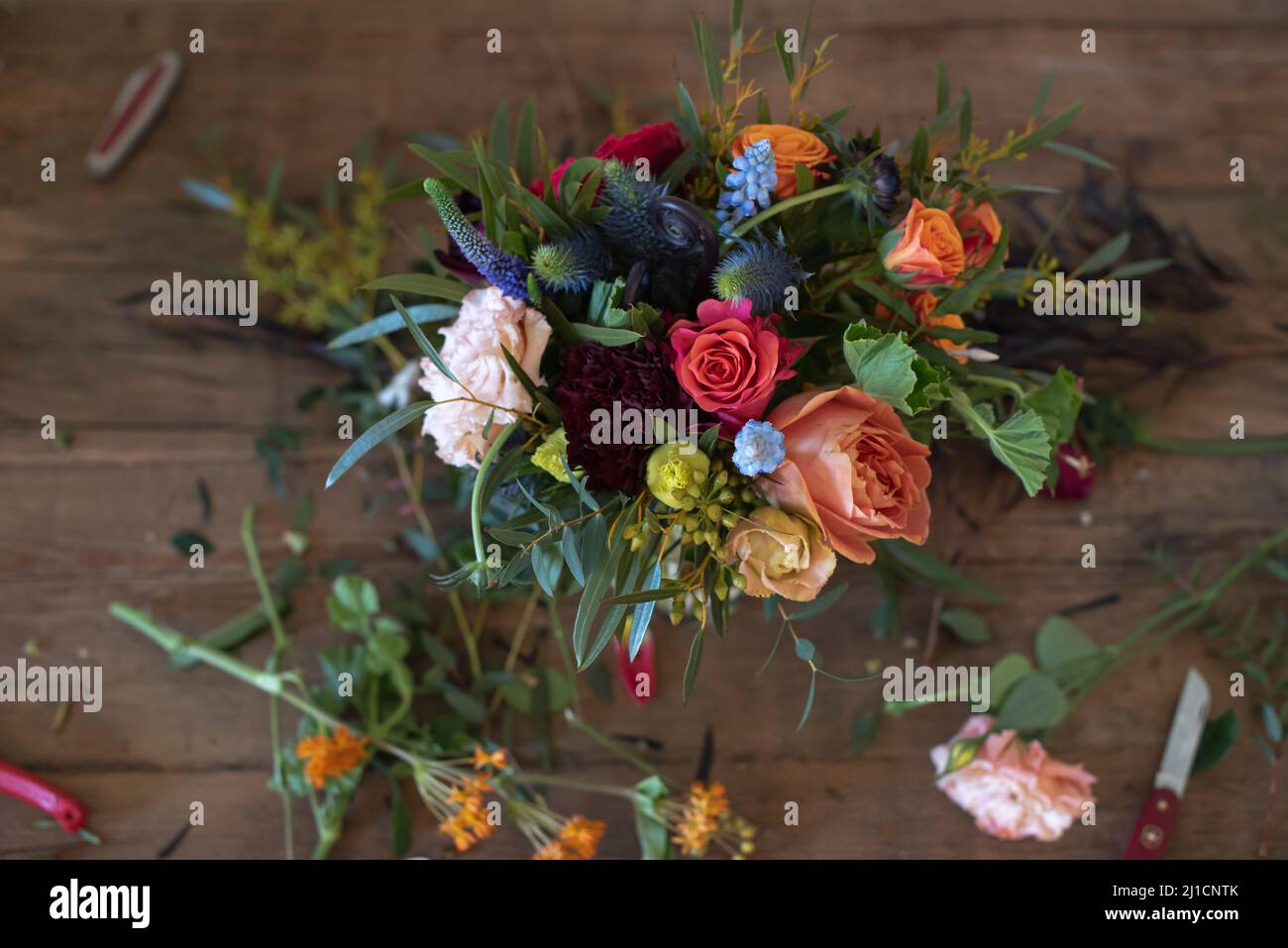 A colorful bouquet at a flower workshop Stock Photo