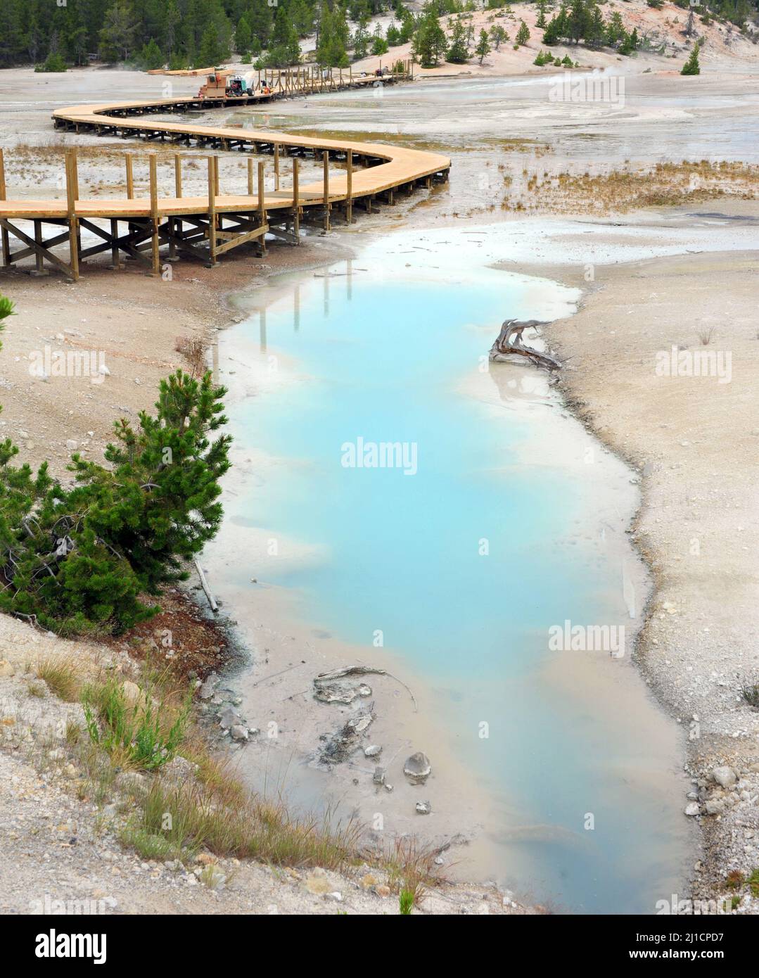 Wooden Porcelain Basin Trail runs besides Palette Springs, in the Norris Geyser Basin, in Yellowstone National Park is under construction or repairs. Stock Photo