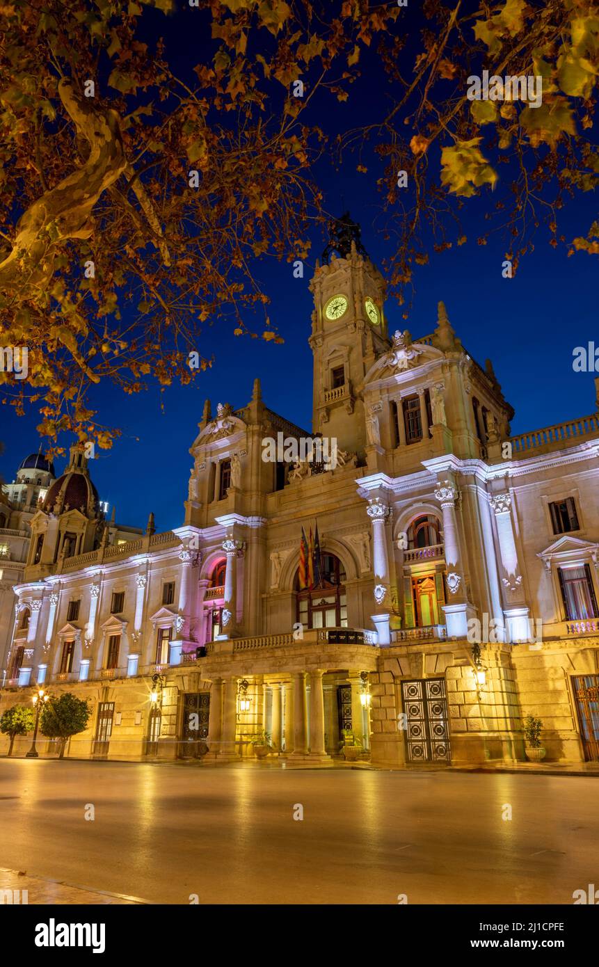 Valenica - The builiding Ayuntamiento de Valencia at dusk. Stock Photo