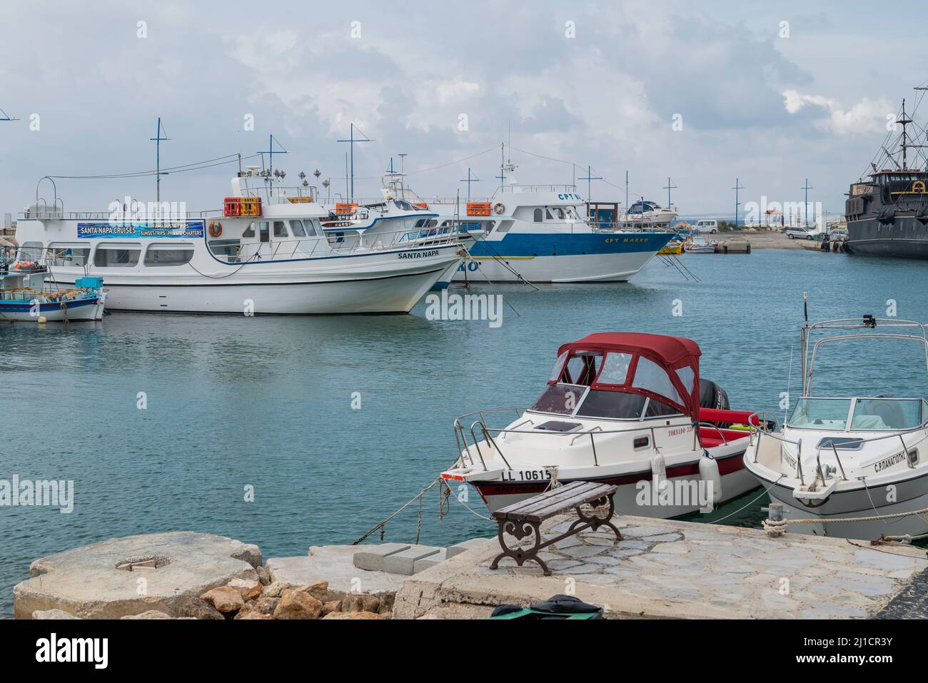August 11, 2020 .Cyprus Ayia Napa .Promenade with pubes in the city for fishermen Stock Photo