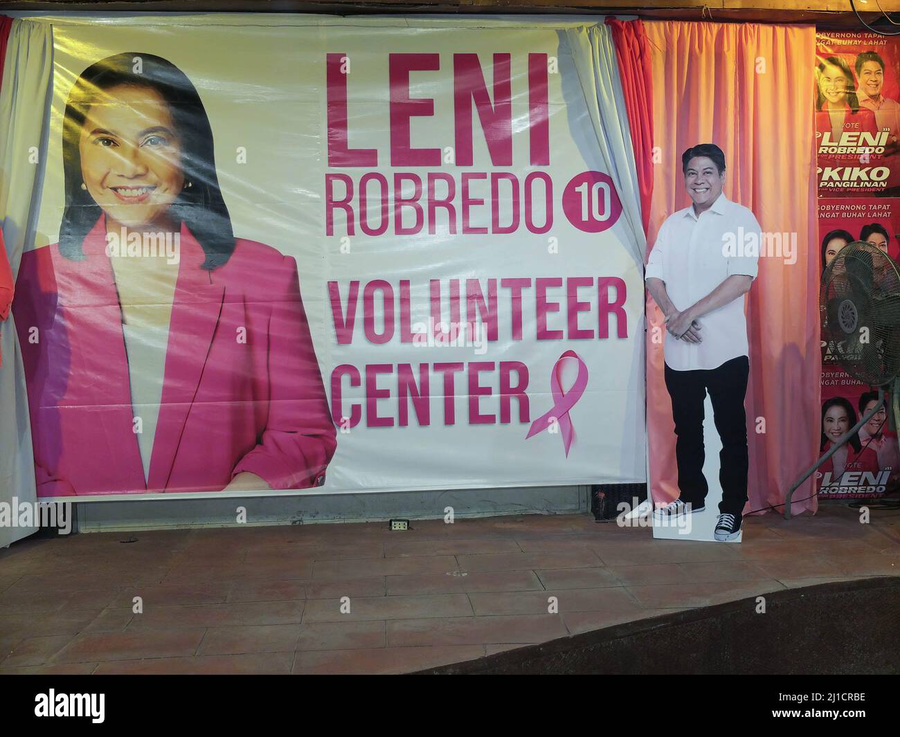 Malabon, Philippines. 22nd Mar, 2022. A standee replica of Vice Presidential aspirant Francis ''Kiko'' Pangilinan seen at the volunteer center. Fine Arts Students from different universities in Manila collaborated to put up mural paintings dedicated to the Philippines Vice President Maria Leonor ''Leni'' Gerona Robredo. Robredo, currently running for the highest seat in the Philippine Government, getting head to head with her political rival, presidential aspirant Ferdinand ''Bongbong'' Marcos Jr. Her campaign slogan, ''With an Honest Government, Everyone's Life Improves.'' She also envisions Stock Photo