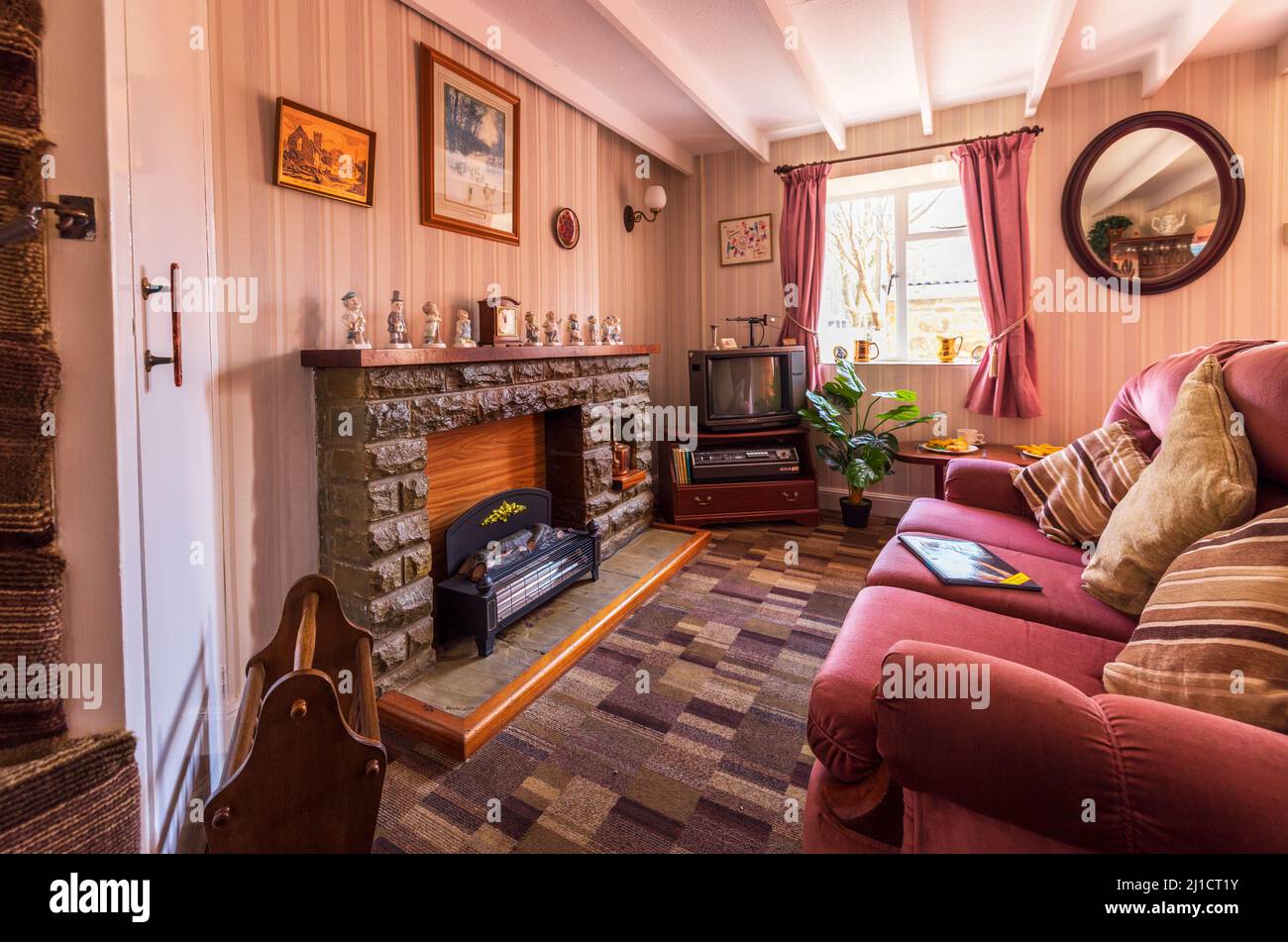 Interior of one of the Rhyd-y-car Terrace houses with mid 1980's decor at St Fagans National History Museum, Cardiff, Wales Stock Photo