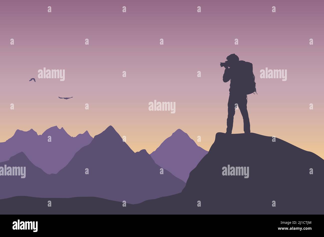 Flat design illustration of photographer tourist with camera. He stands on a rock and photographs the mountains and flying birds in the evening sky - Stock Vector
