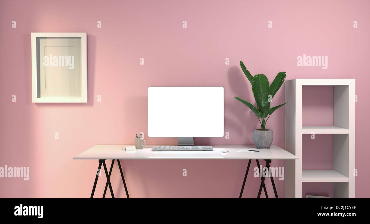 laptop on a desk - pink color - mock up - 3d rendering Stock Photo