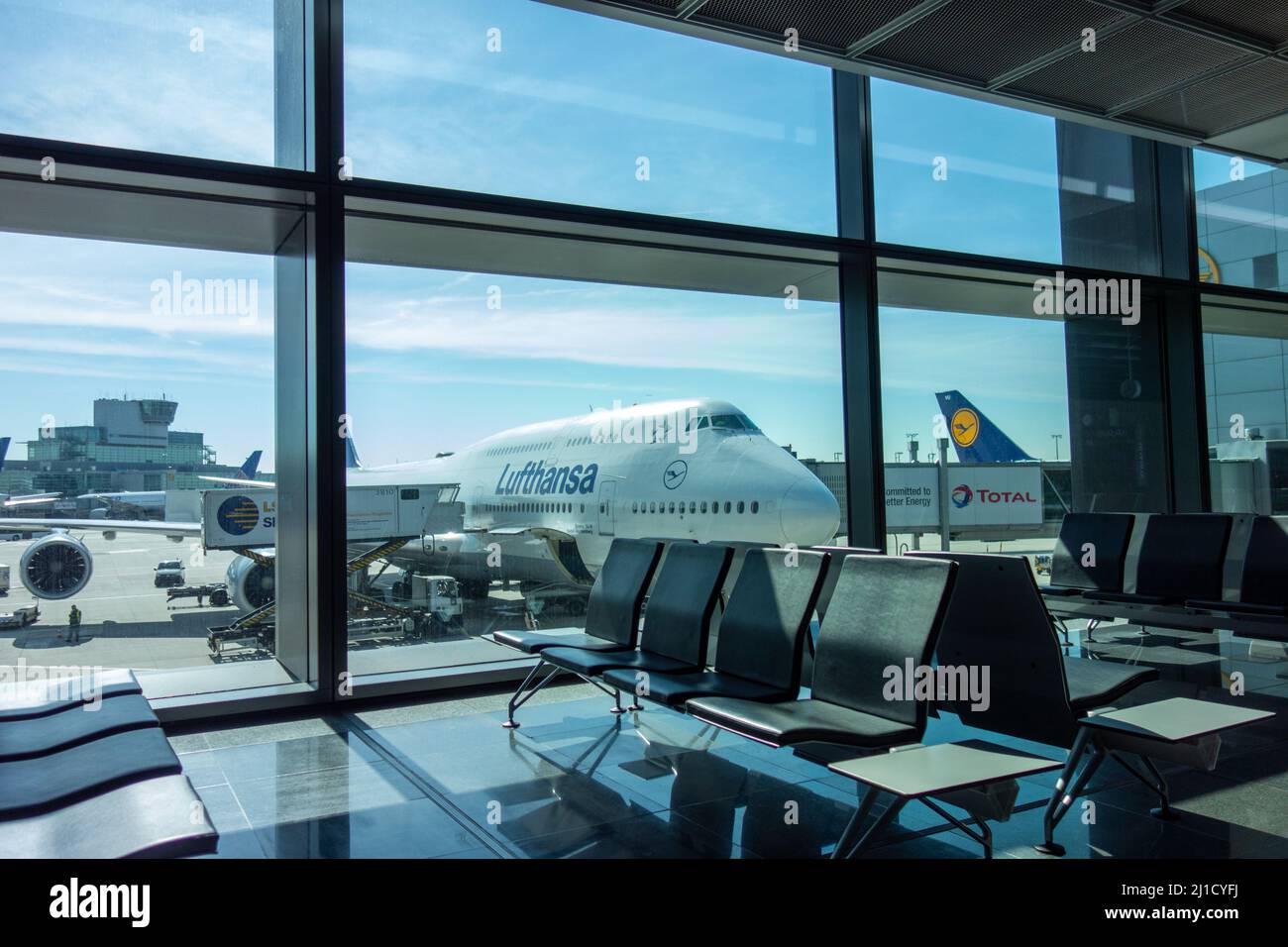 A Lufthansa plane being prepared in between flights at Frankfurt International Airport, September 17, 2018. Stock Photo