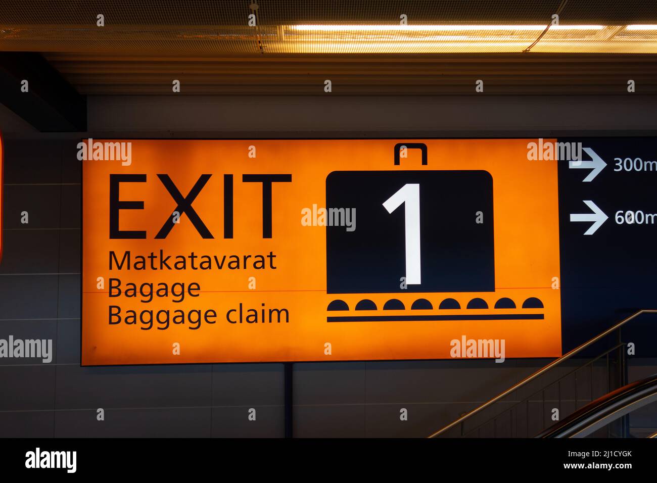 Directional sign for Baggage claim in Helsinki-Vantaa Airport, Helsinki, Finland, September 23, 2018. Stock Photo