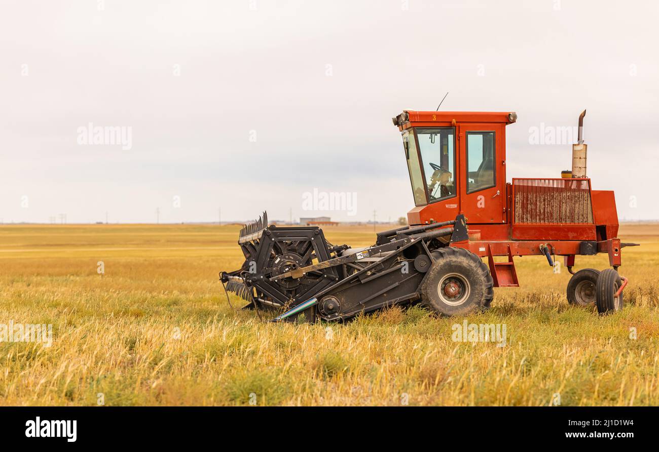 Tractor plowing the fields in spring or autumn season. Street photo, concept photo agriculture, selective focus-September 28,2021-Alberta, Canada. Stock Photo