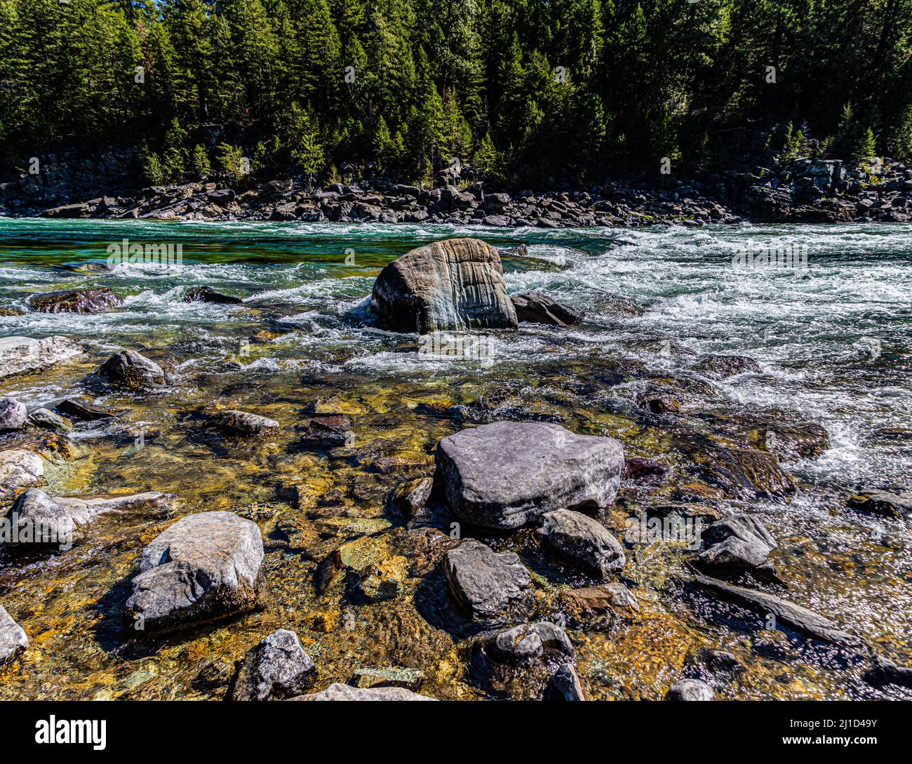 Rapids and Boulders on The Kootenai River, Lincoln County, Montana, USA Stock Photo