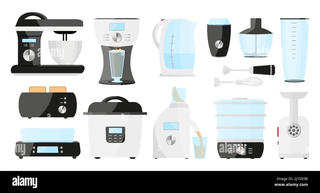 Kitchen appliance fast cooking food flat set. Automatic food processor ...
