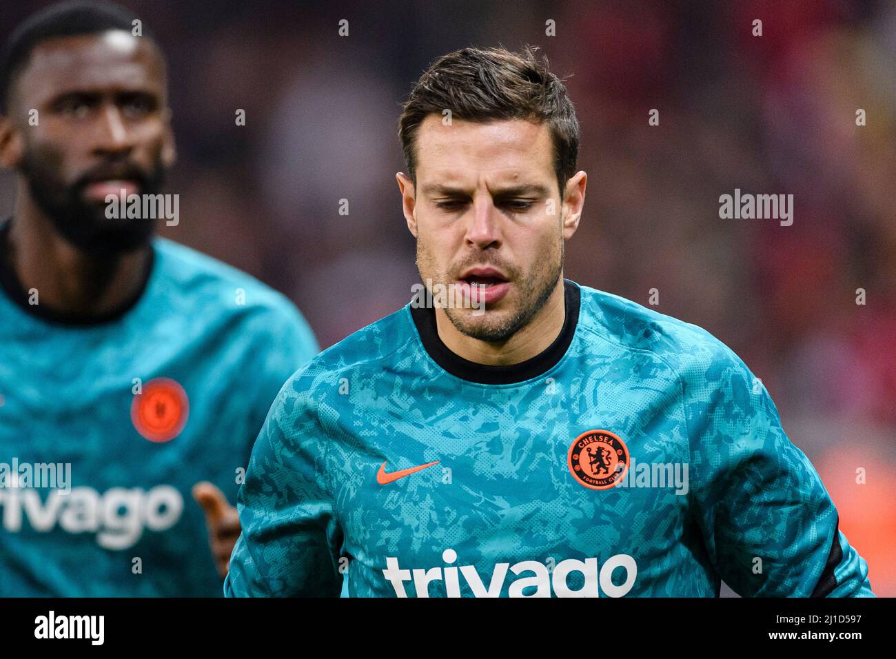 Lille, France - March 16: César Azpilicueta of Chelsea warming up during the UEFA Champions League Round Of Sixteen Leg Two match between Lille OSC an Stock Photo