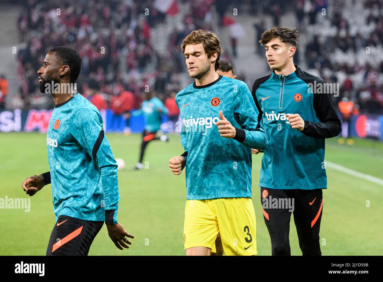 Lille, France - March 16: Andreas Christensen of Chelsea (C) warming up during the UEFA Champions League Round Of Sixteen Leg Two match between Lille Stock Photo