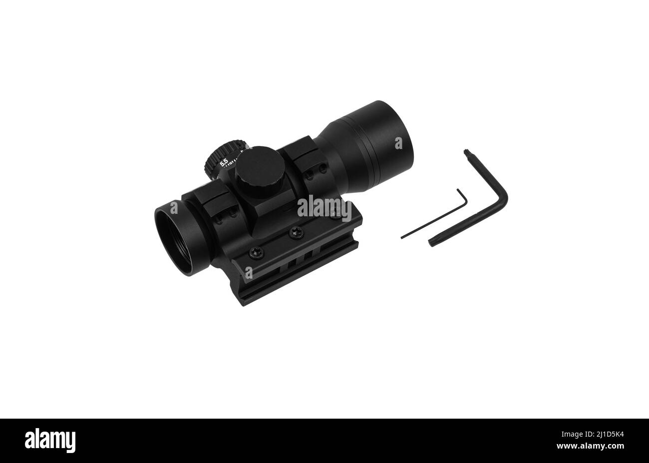 Modern optical collimator sight. Aiming device for shooting at short distances. Isolate on a white background. Stock Photo