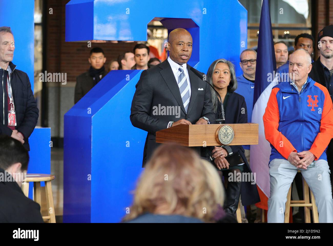 Citi Field, Flushing, New York, USA, March 24, 2022 - Mayor Eric Adams exempted the city athletes and performers from the COVID-19 vaccine mandate today during a presserat the Mets Stadium in Flushing New York. Photo: Luiz Rampelotto/EuropaNewswire PHOTO CREDIT MANDATORY. Stock Photo