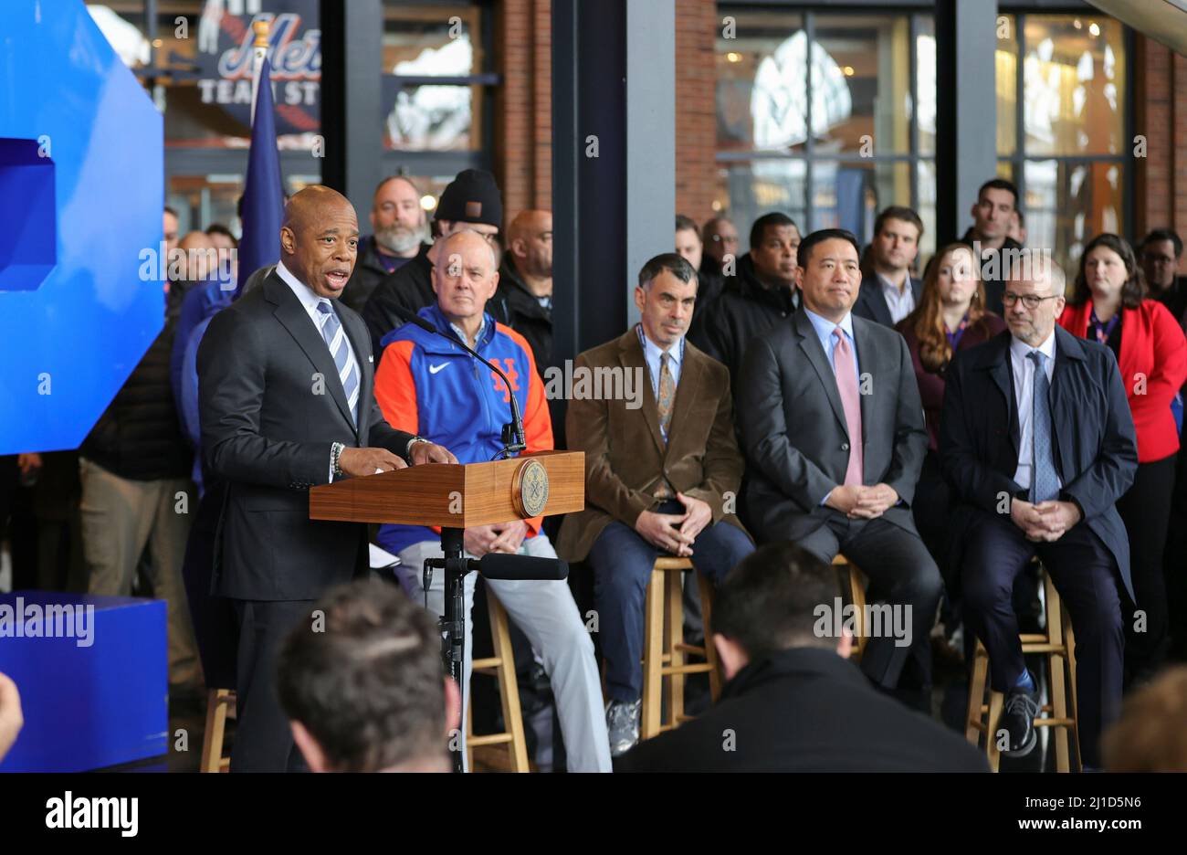 Citi Field, Flushing, New York, USA, March 24, 2022 - Mayor Eric Adams exempted the city athletes and performers from the COVID-19 vaccine mandate today during a presserat the Mets Stadium in Flushing New York. Photo: Luiz Rampelotto/EuropaNewswire PHOTO CREDIT MANDATORY. Stock Photo