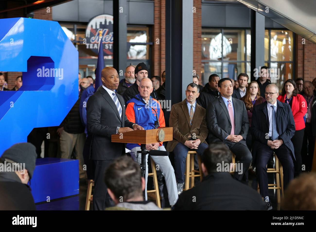 Citi Field, Flushing, New York, USA, March 24, 2022 - Mayor Eric Adams exempted the city athletes and performers from the COVID-19 vaccine mandate today during a presserat the Mets Stadium in Flushing New York. Photo: Luiz Rampelotto/EuropaNewswire PHOTO CREDIT MANDATORY. Stock Photo