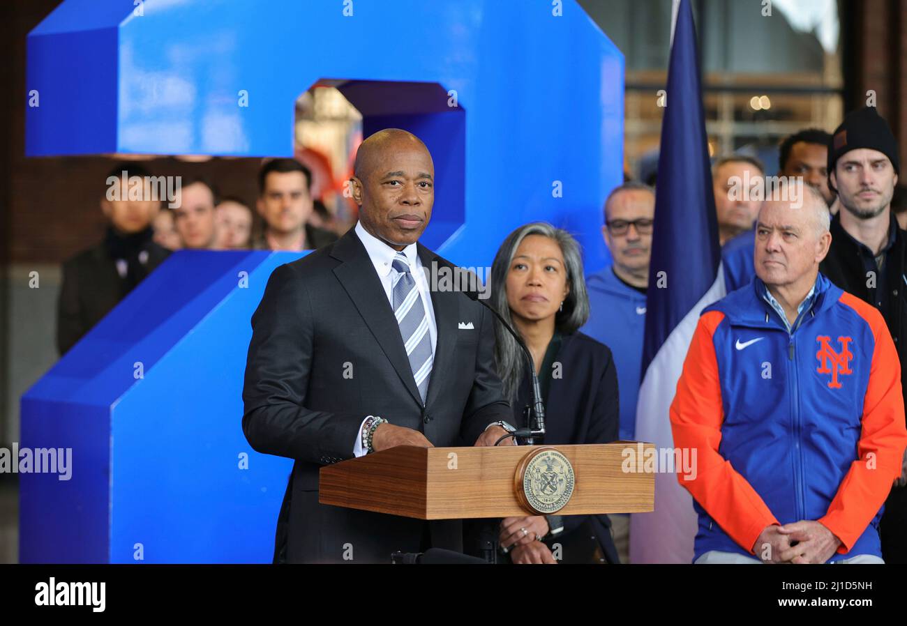 Citi Field, Flushing, New York, USA, March 24, 2022 - Mayor Eric Adams exempted the city athletes and performers from the COVID-19 vaccine mandate today during a presserat the Mets Stadium in Flushing New York. Photo: Luiz Rampelotto/EuropaNewswire PHOTO CREDIT MANDATORY. Stock Photo