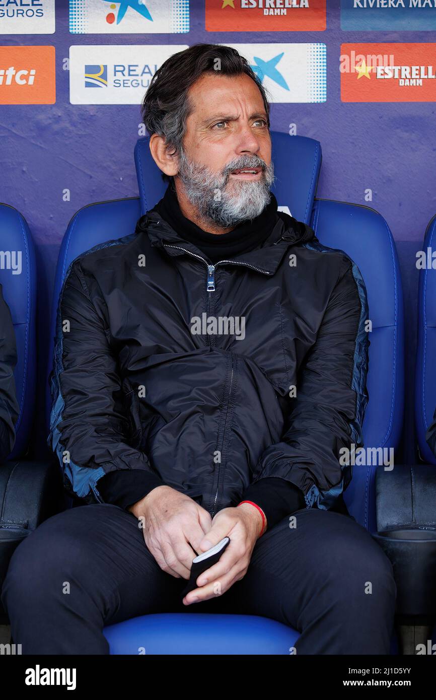 BARCELONA - MAR 5: The manager Quique Sanchez Flores during the La Liga match between RCD Espanyol and Getafe CF at the RCDE Stadium on March 5, 2022 Stock Photo