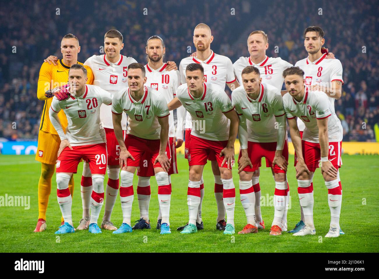 The Polish national football team poses for a photo during the  International Friendly Match between Scotland and Poland at Hampden Park in  Glasgow, Scotland on March 24, 2022 (Photo by Andrew Surma/