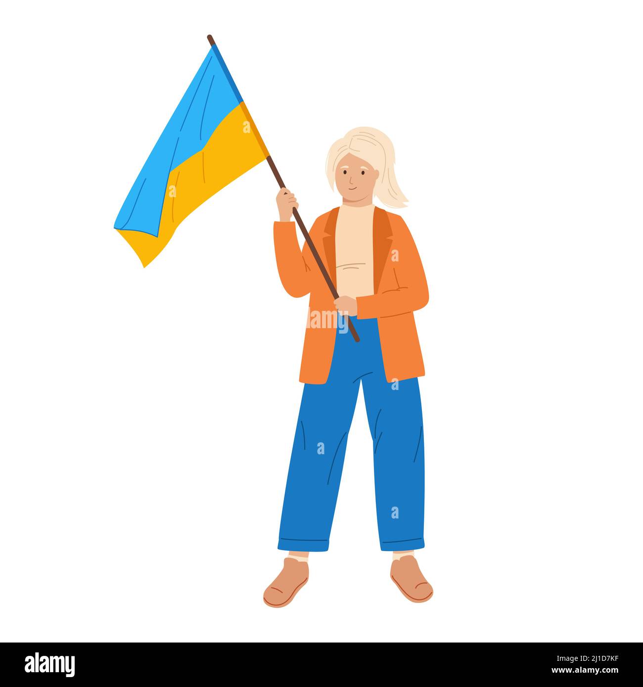 Stop war in Ukraine rally. Young woman hold Ukrainian flag. Female character take part political meeting. Protest, parade against warfare manifestation. Flat design illustration Stock Vector