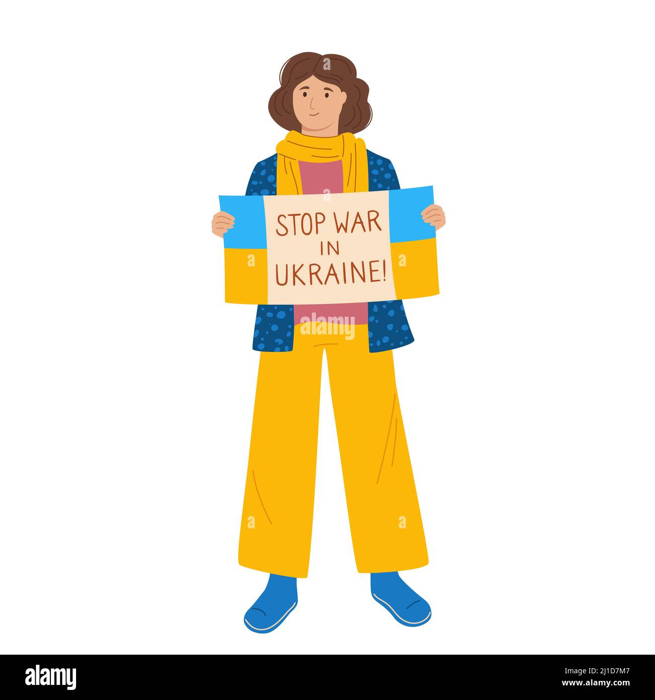 Stop war in Ukraine rally. Young woman hold banner and poster no war. Female character take part political meeting. Protest, parade against warfare. Flat design illustration Stock Vector