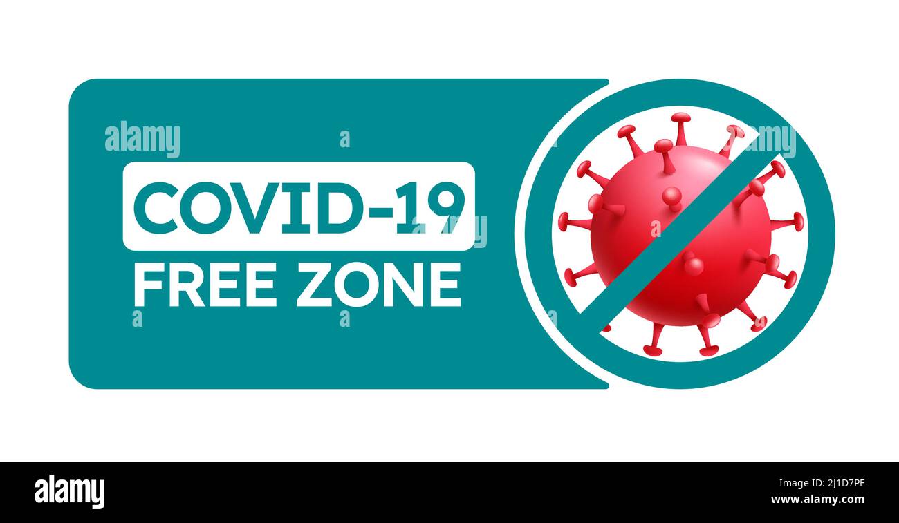 Covid free vector banner design. Covid-19 free zone text signage with virus shield logo and protection elements for disinfected public place symbol. Stock Vector