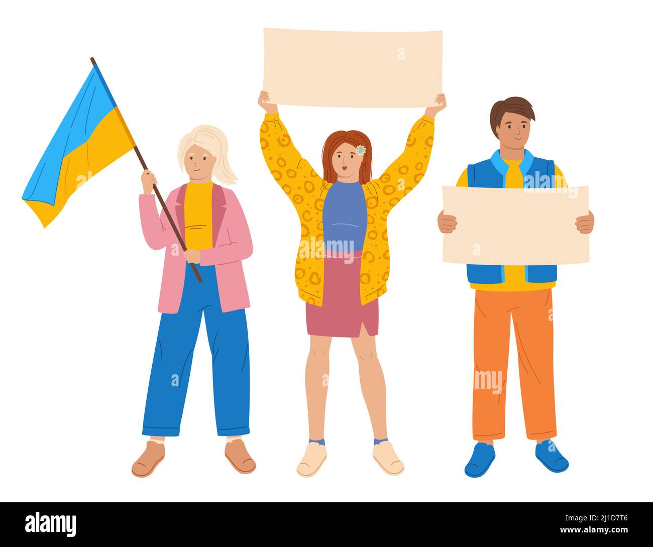 People at rally Stop war in Ukraine. Empty banner for your text. Person hold flag and poster no war. Young men and women take part political meeting. Protest, parade against warfare set flat design Stock Vector